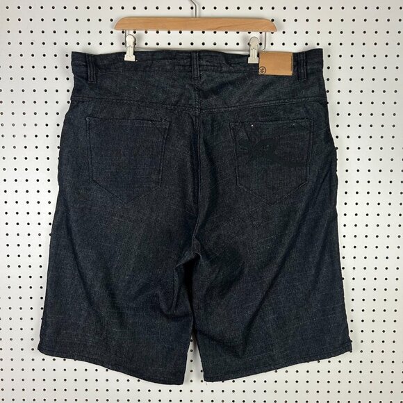 Rocawear Black Gothic Raw Denim Shorts Size 44 Deadstock 90s Hip Hop Logo Skater - Picture 1 of 7